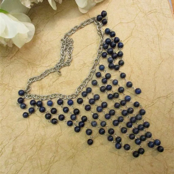 Etruscan Style Midnight Blue Silver Fringe Necklace Earrings Set Vintage - Picture 8 of 13